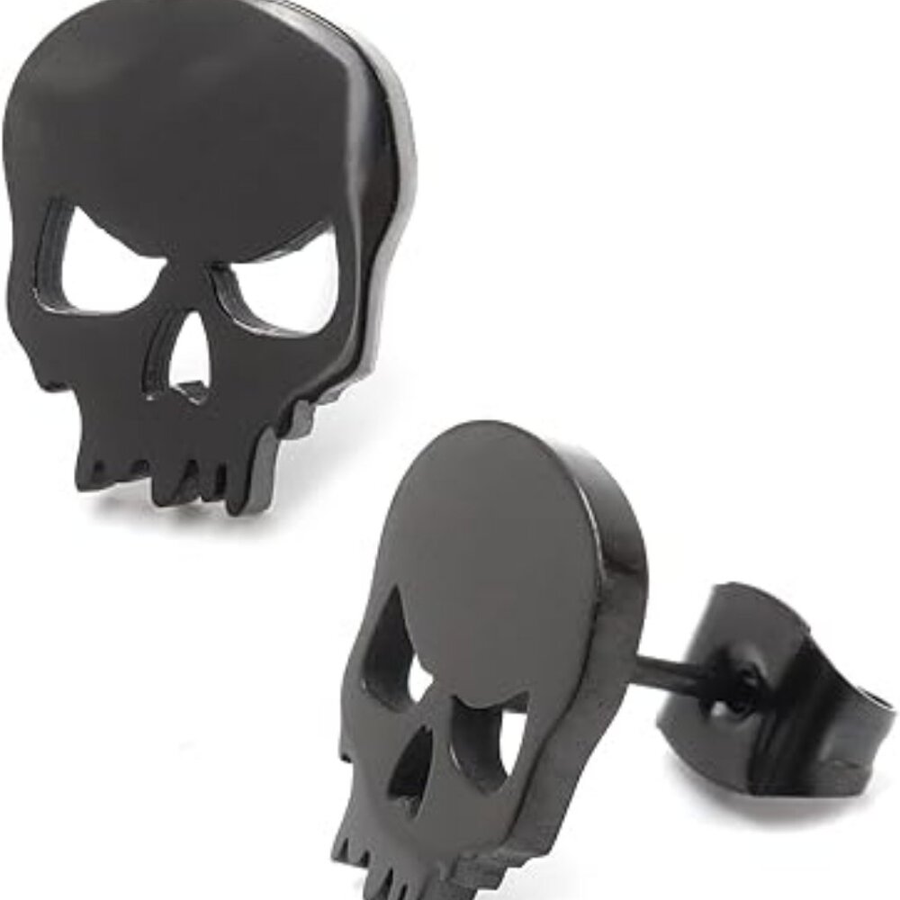 Skull Silhouette Post Black Stud Earring Set Stainless Steel Black Goth‎ Punk